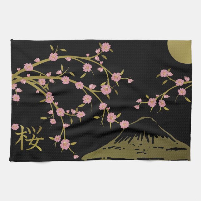 Rosa Sakura Guld Svart Japansk Skärm Kökshandduk (Horisontell)