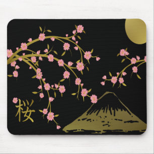Rosa Sakura Guld Svart Japansk Skärm Musmatta