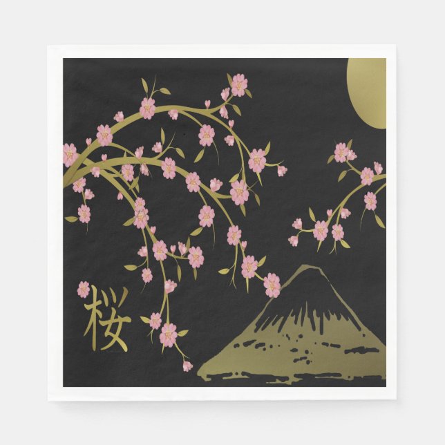 Rosa Sakura Guld Svart Japansk Skärm Pappersservett (Framsidan)