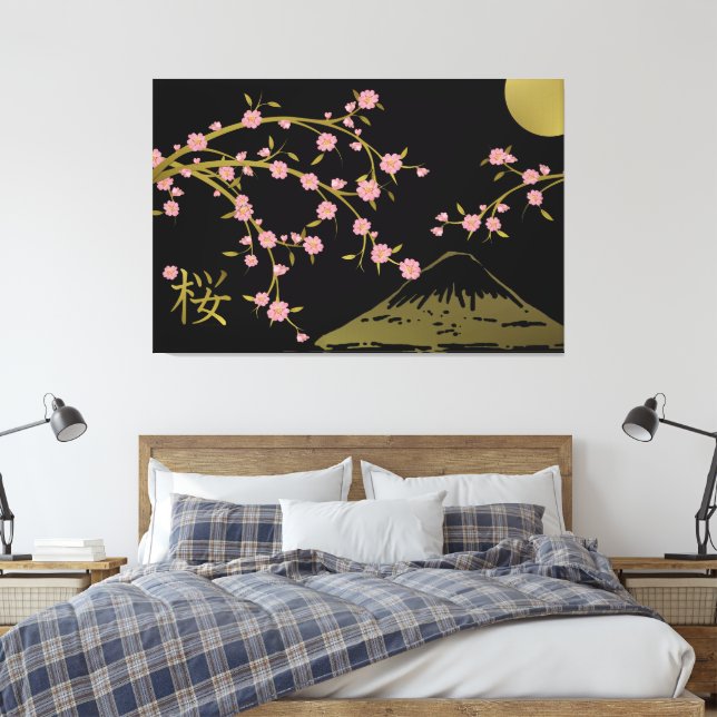Rosa Sakura Guld Svart Japansk Skärm Poster Canvastryck (Insitu (sovrum))