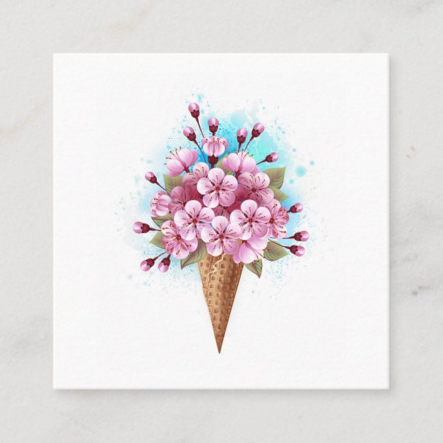 Rosa Sakura Ice Cream Waffle Cone Fyrkantigt Visitkort (Framsida)