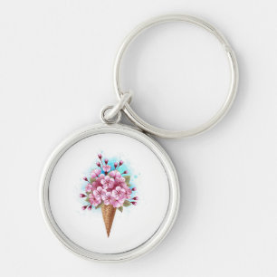 Rosa Sakura Ice Cream Waffle Cone Rund Silverfärgad Nyckelring