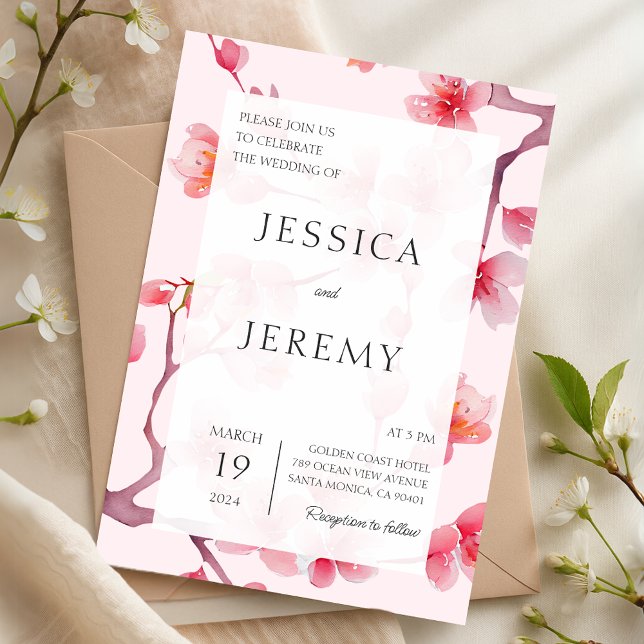  Rosa Sakura Japansk Blommar för körsbär Bröllop Inbjudningar (Blush Pink Sakura Japanese Cherry Blossom Wedding Invitation)