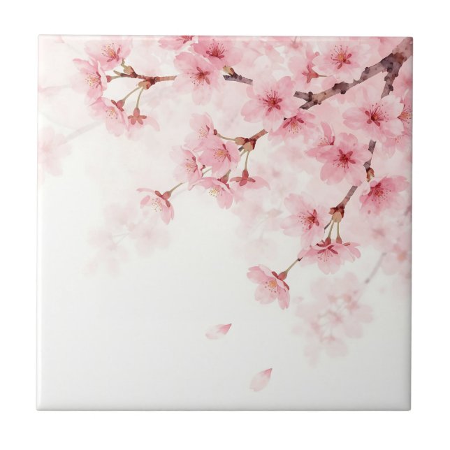 Rosa Sakura Körsbärsblomning Akvarellmönster Kakelplatta (Framsidan)