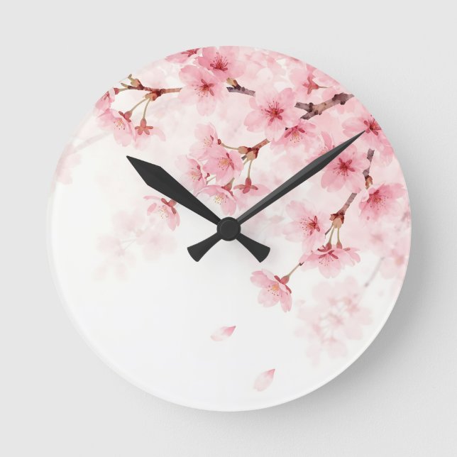 Rosa Sakura Körsbärsblomning Akvarellmönster Rund Klocka (Framsida)