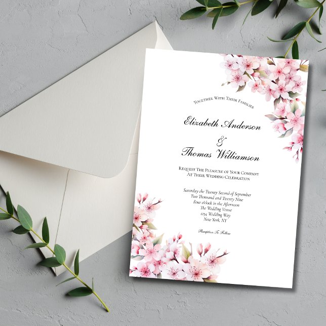 Rosa Sakura Körsbärsblomning Blommig Elegant Bröll Inbjudningar (Pink Sakura Cherry Blossom Floral Watercolor Elegant Wedding Invitation)