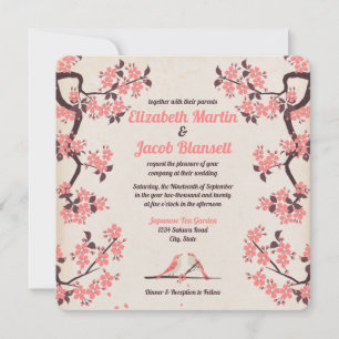 Rosa Sakura och Love birds Bröllop Inbjudningar