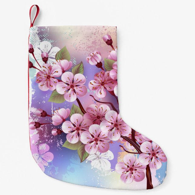 Rosa Sakura på Målad Bakgrund Liten Julstrumpa (Framsidan)