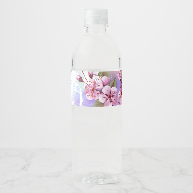 Rosa Sakura på målad bakgrund Vattenflaska Etikett (Framsida)