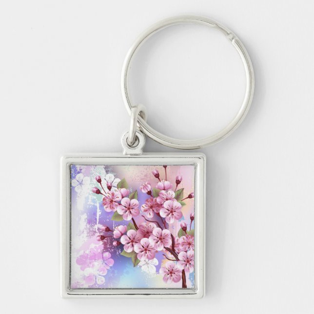 Rosa Sakura på målningsbakgrund Fyrkantig Silverfärgad Nyckelring (Framsidan)