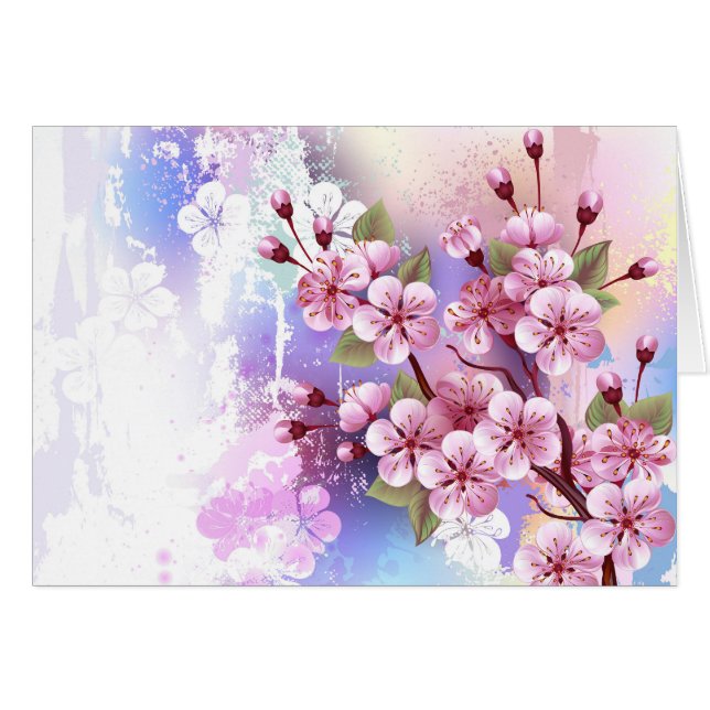 Rosa Sakura på målningsbakgrund Hälsningskort (Framsidan Horizontal)