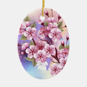Rosa Sakura på målningsbakgrund Julgransprydnad Keramik