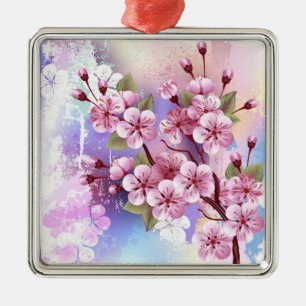Rosa Sakura på målningsbakgrund Julgransprydnad Metall