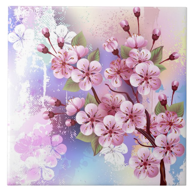 Rosa Sakura på målningsbakgrund Kakelplatta (Framsidan)