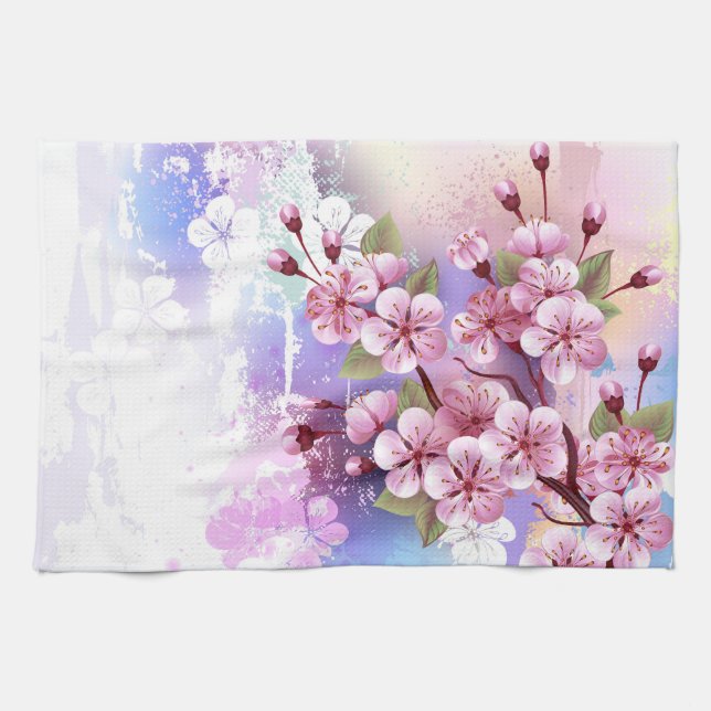 Rosa Sakura på målningsbakgrund Kökshandduk (Horisontell)