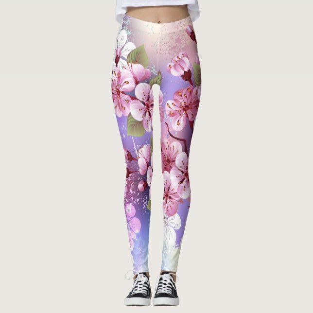 Rosa Sakura på målningsbakgrund Leggings (Framsida)