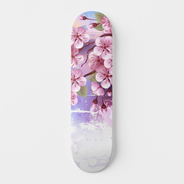 Rosa Sakura på målningsbakgrund Mini Skateboard Bräda 18,5 Cm (Framsida)