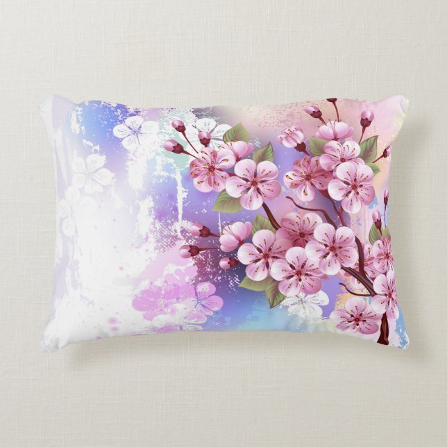 Rosa Sakura på målningsbakgrund Prydnadskudde (Framsidan)