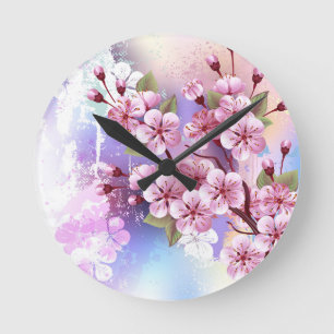 Rosa Sakura på målningsbakgrund Rund Klocka