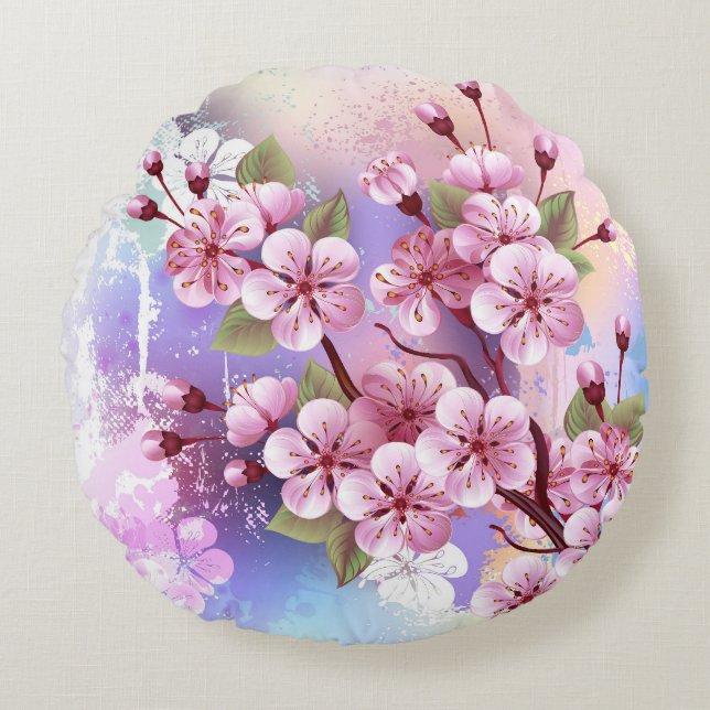 Rosa Sakura på målningsbakgrund Rund Kudde (Framsidan)
