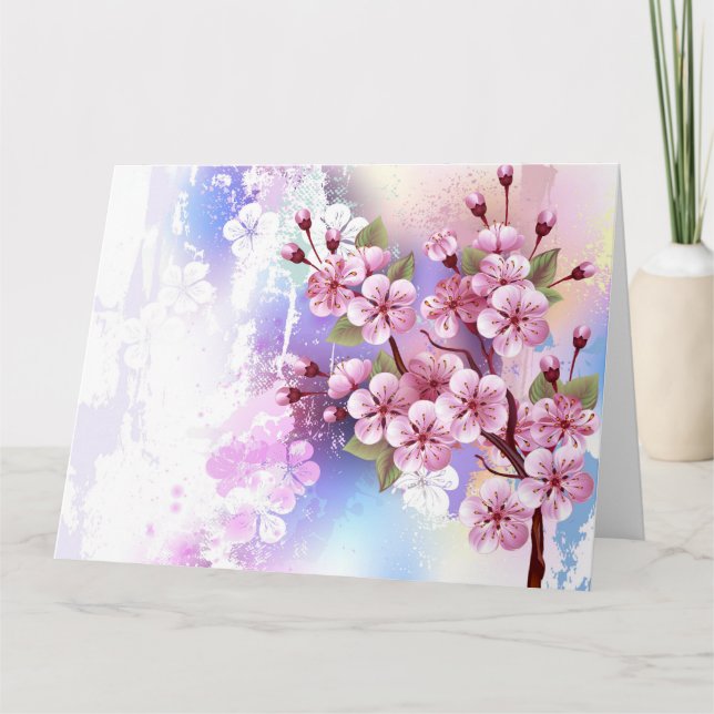 Rosa Sakura på målningsbakgrund Tack Kort (Framsida)
