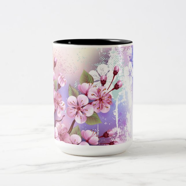 Rosa Sakura på målningsbakgrund Två-Tonad Mugg (Center)