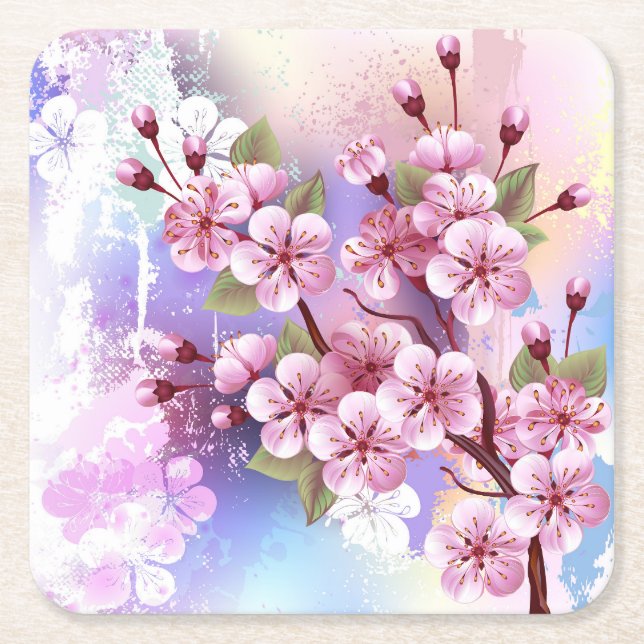 Rosa Sakura på målningsbakgrund Underlägg Papper Kvadrat (Framsidan)