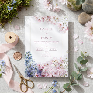 Rosa Sakura Turkos Blad Guld Ram Krans Bröllop Inbjudningar