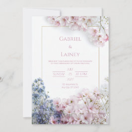 Rosa Sakura Turkos Blad Guld Ram Krans Bröllop Inbjudningar