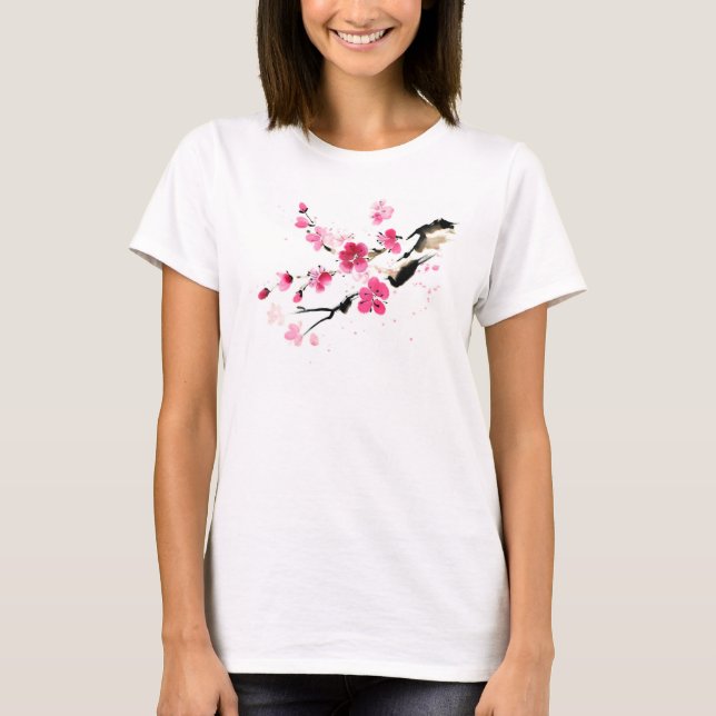 Rosa Sakura vårblomma Målning konst T Shirt (Framsida)