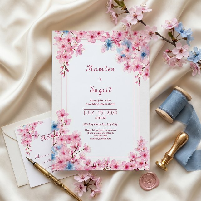 Rosa Sakura Vinranka Blå Romantisk Ram Bröllop Inbjudningar (Skapare uppladdad)