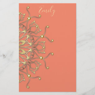 Rosa Salmon & Guld Filigree Mandala med diamanter Brevpapper