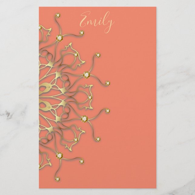 Rosa Salmon & Guld Filigree Mandala med diamanter Brevpapper (Framsida)