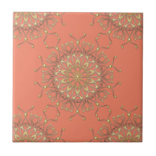 Rosa Salmon & Guld Filigree Mandala med diamanter Kakelplatta