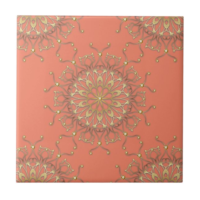 Rosa Salmon & Guld Filigree Mandala med diamanter Kakelplatta (Framsidan)