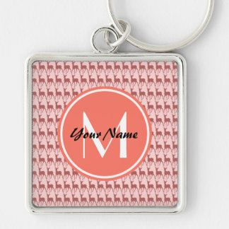 Rosa Salmon Hjort, Anpassningsbar Monogram, Person Fyrkantig Silverfärgad Nyckelring