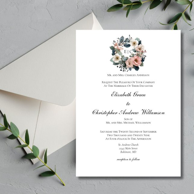 Rosa Salvia Grön Blommig Monogram Elegant Bröllop Inbjudningar (Watercolor Pink Sage Green Florals Monogram Wreath Crest Wedding Invitation. Elegant Traditional )