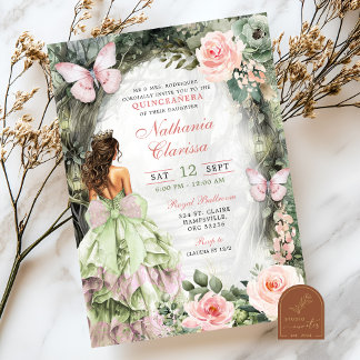 Rosa Salvia Grön Whimsical Skog Quinceanera Inbjudningar