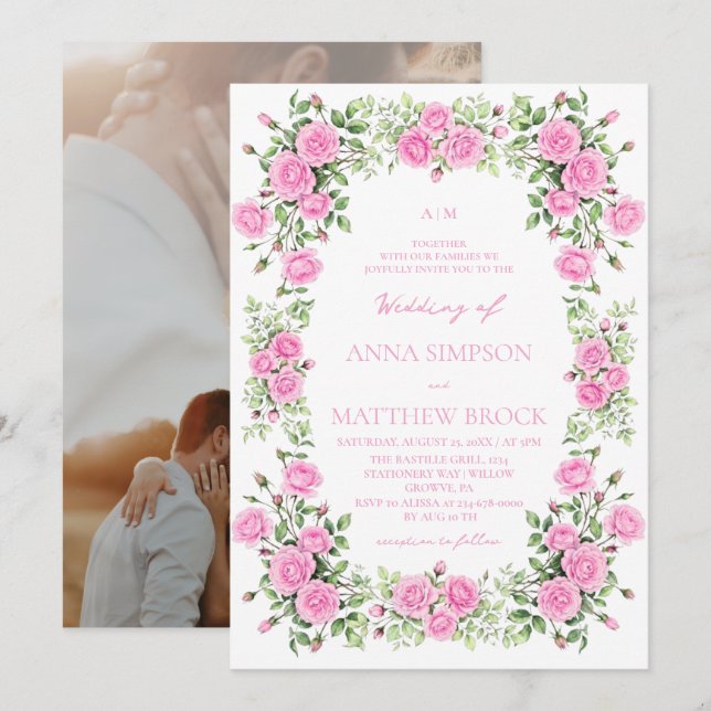  Rosa & Salvie Elegant Blommig Bröllop  Inbjudningar (Fram/baksida)
