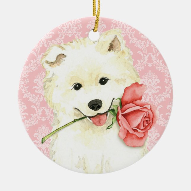 Rosa Samoyed för valentin Julgransprydnad Keramik (Framsidan)