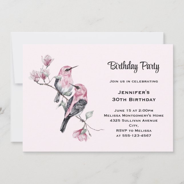 Rosa sångfåglar på en trädgren födelsedag inbjudningar (Framsida)