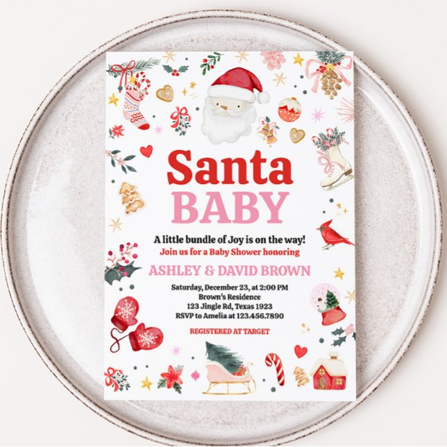 Rosa Santa Baby Baby Shower Inbjudningar (Girl Santa Baby Baby Shower Invitation)