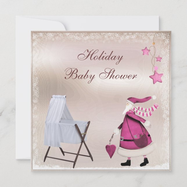 Rosa Santa & Crib Girl's Helgdag Baby Shower Inbjudningar (Framsida)