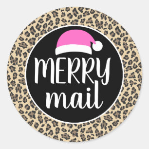 Rosa Santa Hat Animal Print Leopard Merry Mail Runt Klistermärke