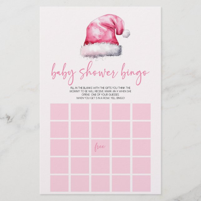 Rosa Santa Hat jul Bingo Baby Shower Game Brevpapper (Framsida)