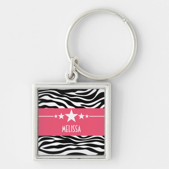 Rosa Sassy Star Zebra Premium Keychain Fyrkantig Silverfärgad Nyckelring (Framsidan)