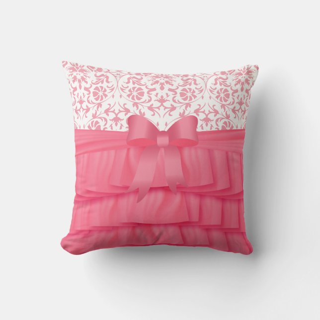 Rosa Satin Ruffles & Rosa Bow on Damask Kudde (Framsida)