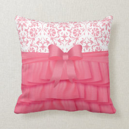 Rosa Satin Ruffles & Rosa Bow on Damask Kudde