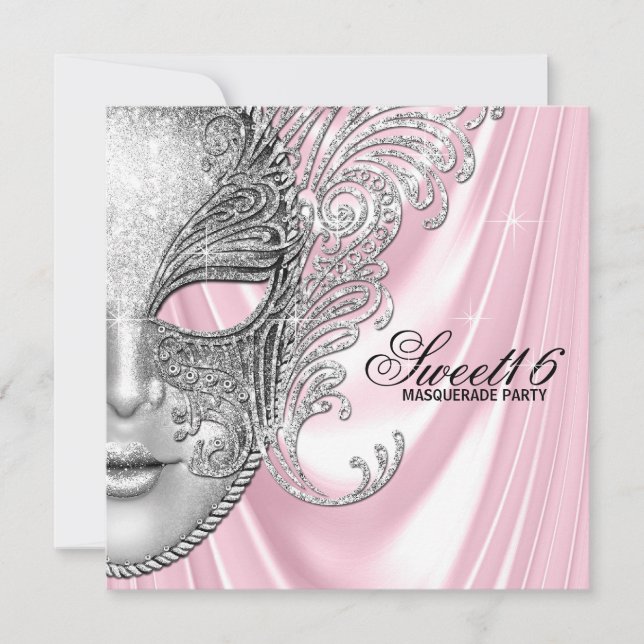 Rosa Satin Sweet 16 Maskeradfest Inbjudningar (Framsida)