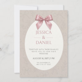 Rosa satinbåge präglad taupe oval ram inbjudningar